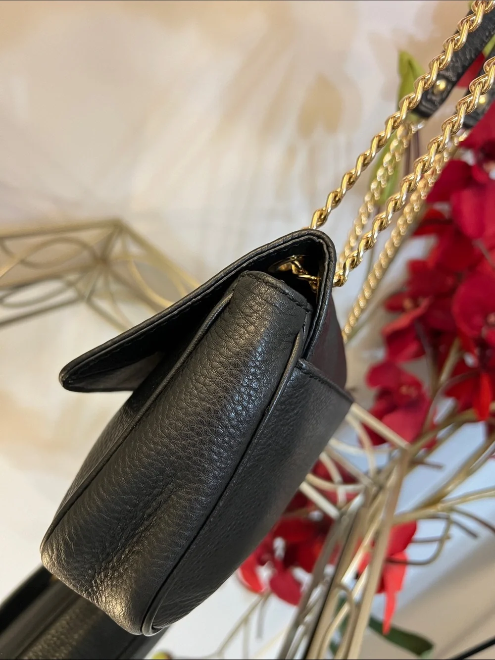 Michael Kors Fulton Flap Black Pebbled Leather Shoulder Bag with Gold Chain
